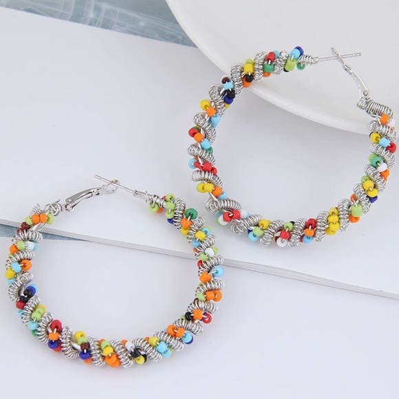 Metal & Multi-Colored Rice Bead Weaving Hoops - Picture 2 of 6